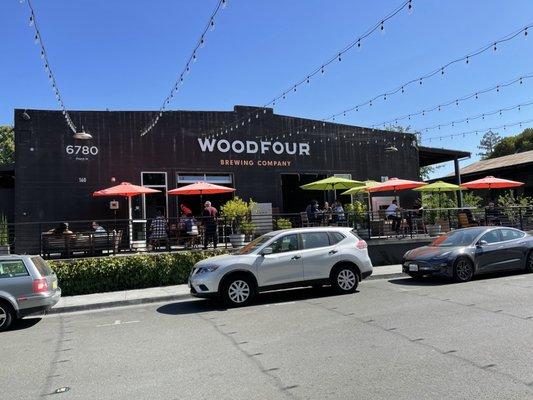 Exterior of Woodfour Brewing Co. in the Barlow in Sebastopol.