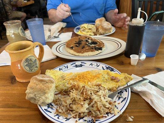 Omelette and blueberry pancakes