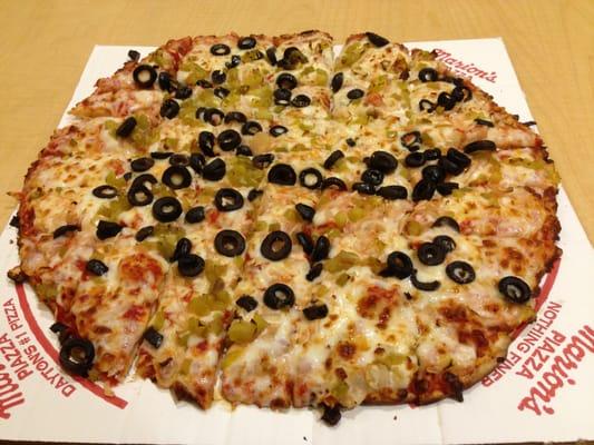 Marion's large pie with onions, peppers, black olives