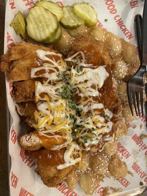 Canadian Buffalo:  bubble waffle topped with Buffalo chicken, and some type of maple syrup infused hot sauce.