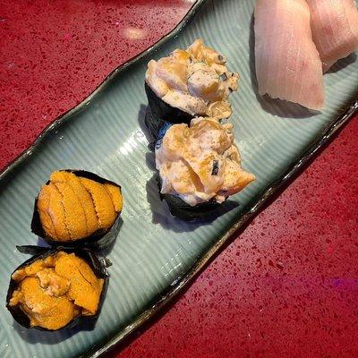 Uni Sushi, Bay Scallop Sushi, Yellowtail Sushi