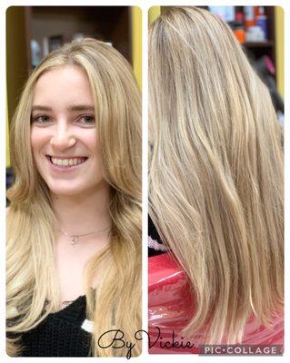 Haircut and Balayaga highlights blonde by Vickie