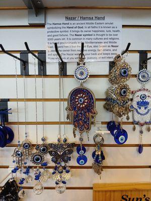 Nazar eye and Hand of Hamsa decorations and jewelry.