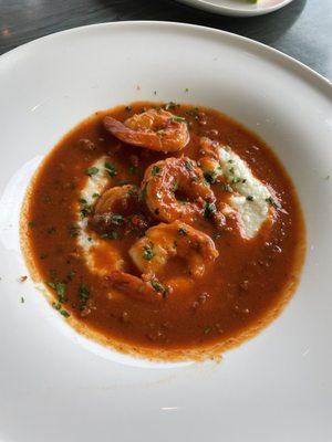 Amazing shrimp and grits w chorizo tomato sauce