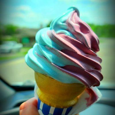 My dream come true, soft serve black raspberry swirled with blueberry (kings island blue ice cream)