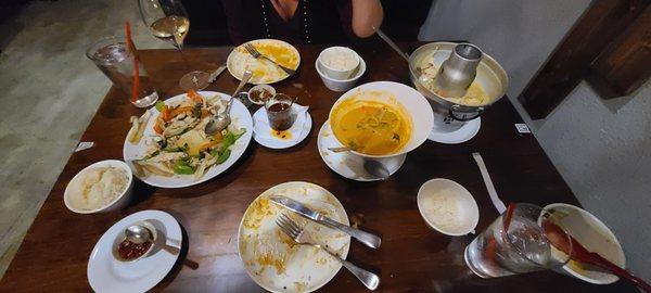 Tom Kha, Red Curry w/Beef, and Basil Chicken