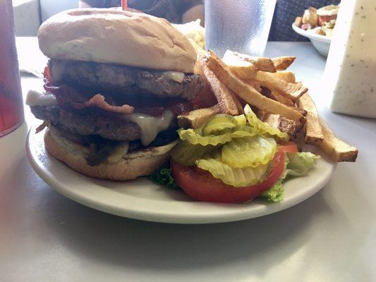 The Moose's Burger...bacon, jalapeños, grilled onions, mushrooms, AND pepper jack cheese! Probably 1000 calories but oh so delicious!