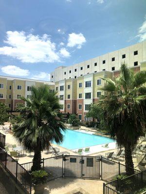 pool, parking garage from 2nd story window