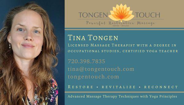 Restore your health with massage in Denver with Tina at Tongen Touch Massage Therapy.