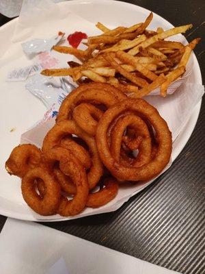 Fresh cut fries, $2.85. Beer battered onion rings, $3.