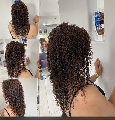 Tight spiral perm and easy hair to style with volume.