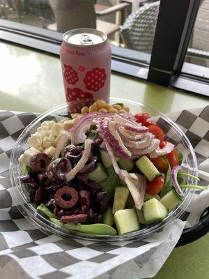 Greek Bowl and Rasberry Rose Soda.