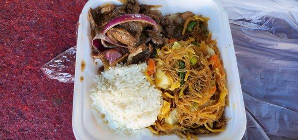 Rice, Pancit, Bistek Combo