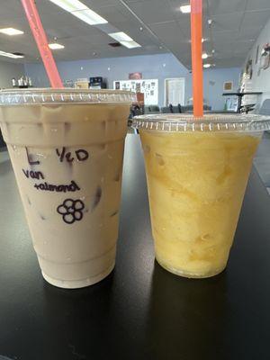 Vanilla Almond ice latte and peach passion smoothie