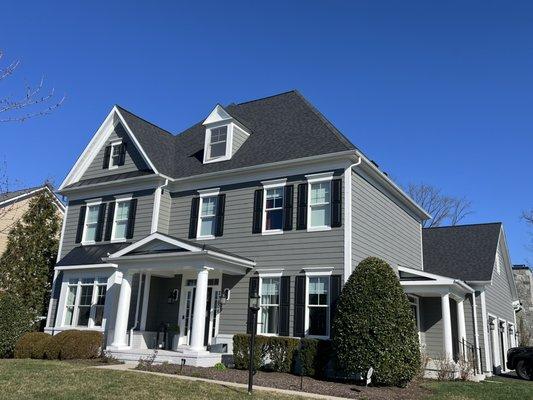 I enjoy the challenge of these steep pitch roofs. Home we roofed in Ashburn. Shingle Color: Charcoal