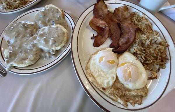 Hometown breakfast - 2 biscuits and gravy, 2 eggs, choice of meat, hasbrowns.