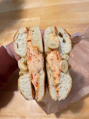 garlic havarti bagel with sun dried tomato cream cheese