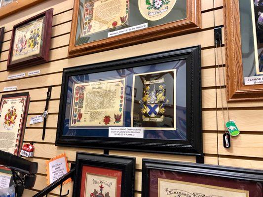 Framed family name origin and crest in print