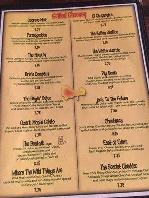 Grilled cheese menu