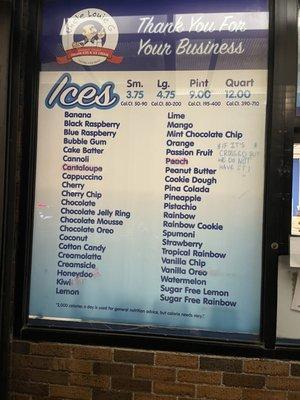 Ices menu