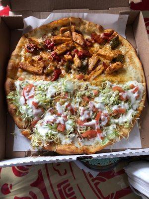 Taco pizza (half), chipotle chicken pizza (half)