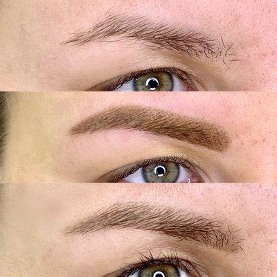 Powder brows - before, right after, and healed