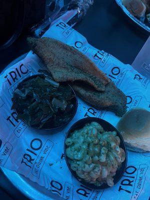 2pc Catfish and two sides - Mac and cheese + collard greens and a roll