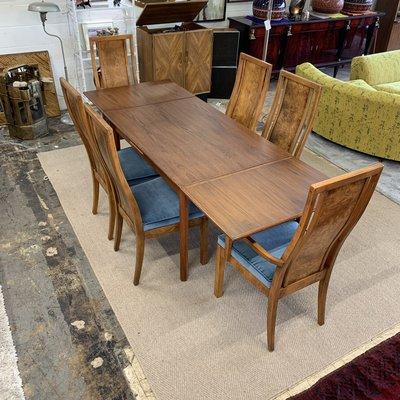 Refinished teak extendable dining table and (6) Burl wood chairs design by Milo Baughman. (Sold separately)