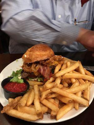 My husbands "Big BBQ Burger" and his fries.