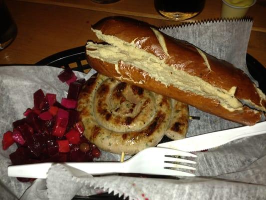 OMG Lamb and Feta Sausage with Pretzel Roll = HEAVEN.