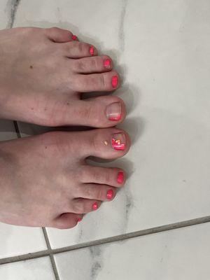 Less than 24 hours after my pedicure. I even paid for a cute flower she did on the big toe and it all came off in one chunk in my shoes.