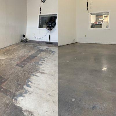 Before and after concrete grinding with stain/sealer