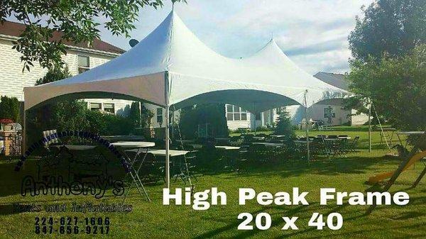 20x40 high peak frame tent set up in grass or concrete