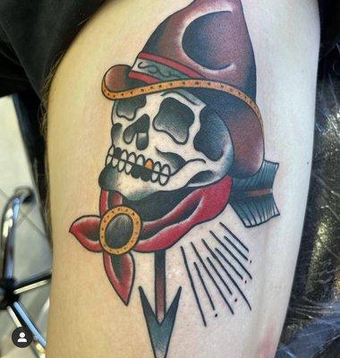 American traditional cowboy skull by Kawika