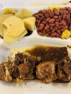 3 Piece Oxtails small, Red Beans and Rice & Sweet Potatoes.