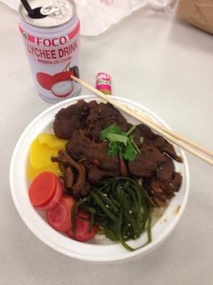 Beef Over Rice, Lychee Drink, Haw Flakes