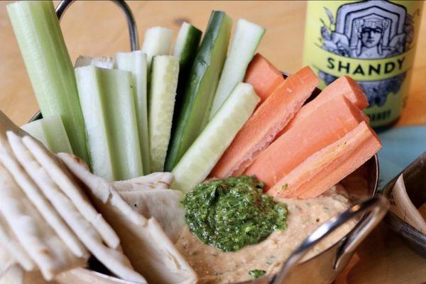 Veggies + Dip -- roasted garlic cannellini bean dip, carrot, cucumber, warm pita, herb pistou.