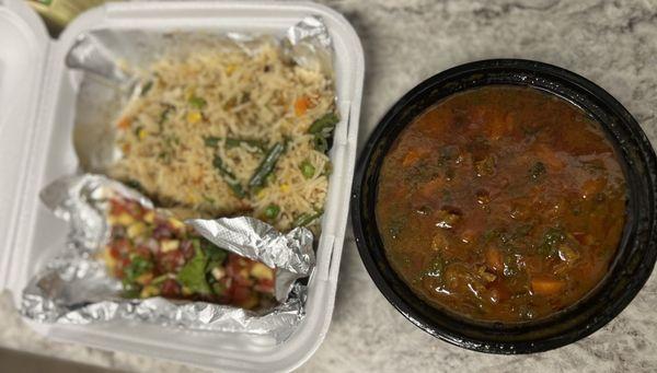 Veggie Rice, Kachumbari, Beef Stew