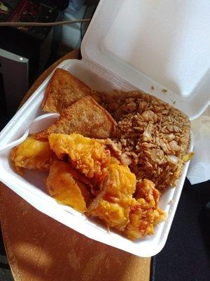 My go to meal. Boneless fried chicken without veggies with shrimp fried rice and cho-cho.