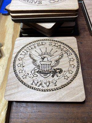 4 inch coaster, US Navy emblem, laser engraved.