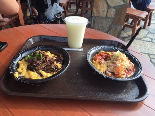 Pot roast Mac and cheese, frozen lemonade, and BBQ chicken mac n cheese