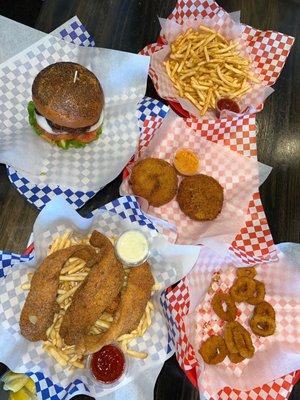 Crab Cakes, Cajun fries, catfish, Fried Calamari, Blue Hoo Burger.