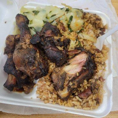 Jerk Chicken Side of Cabbage Side of Rice and Peas