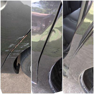 Before/after/after with door ajar: scrape on driver's side rear door filled/covered to prevent rusting. Looks much better!