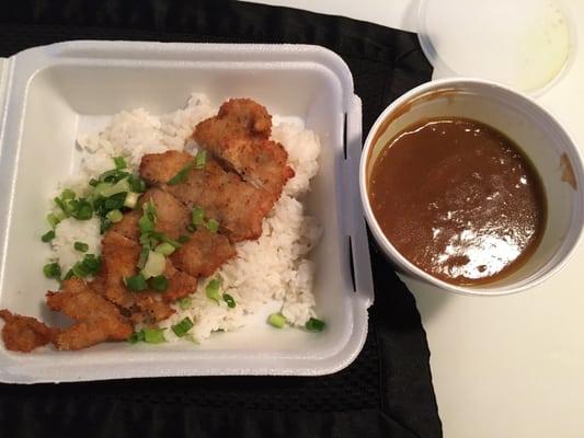 Chicken katsu curry, take out. Tastes pretty good, but the portion is tiny!!  My 7 year old finished it & was still hungry.