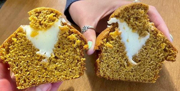 This is what the inside of the Pumpkin Cream Cheese Muffin looks like.