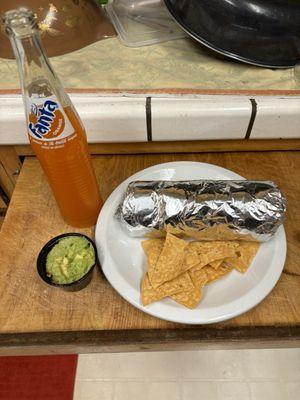 Gigantic burrito, Mexican Fanta, and fresh guacamole!