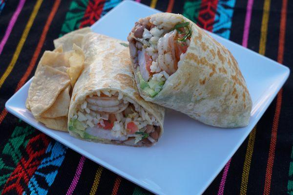 The shrimp burrito comes with rise, beans, avocado, grilled shrimp and pico de gallo.