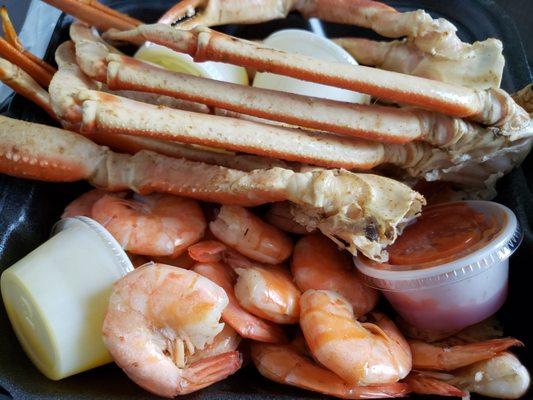 Crab legs and shrimp.