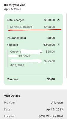 $500 bill for rapid flu test